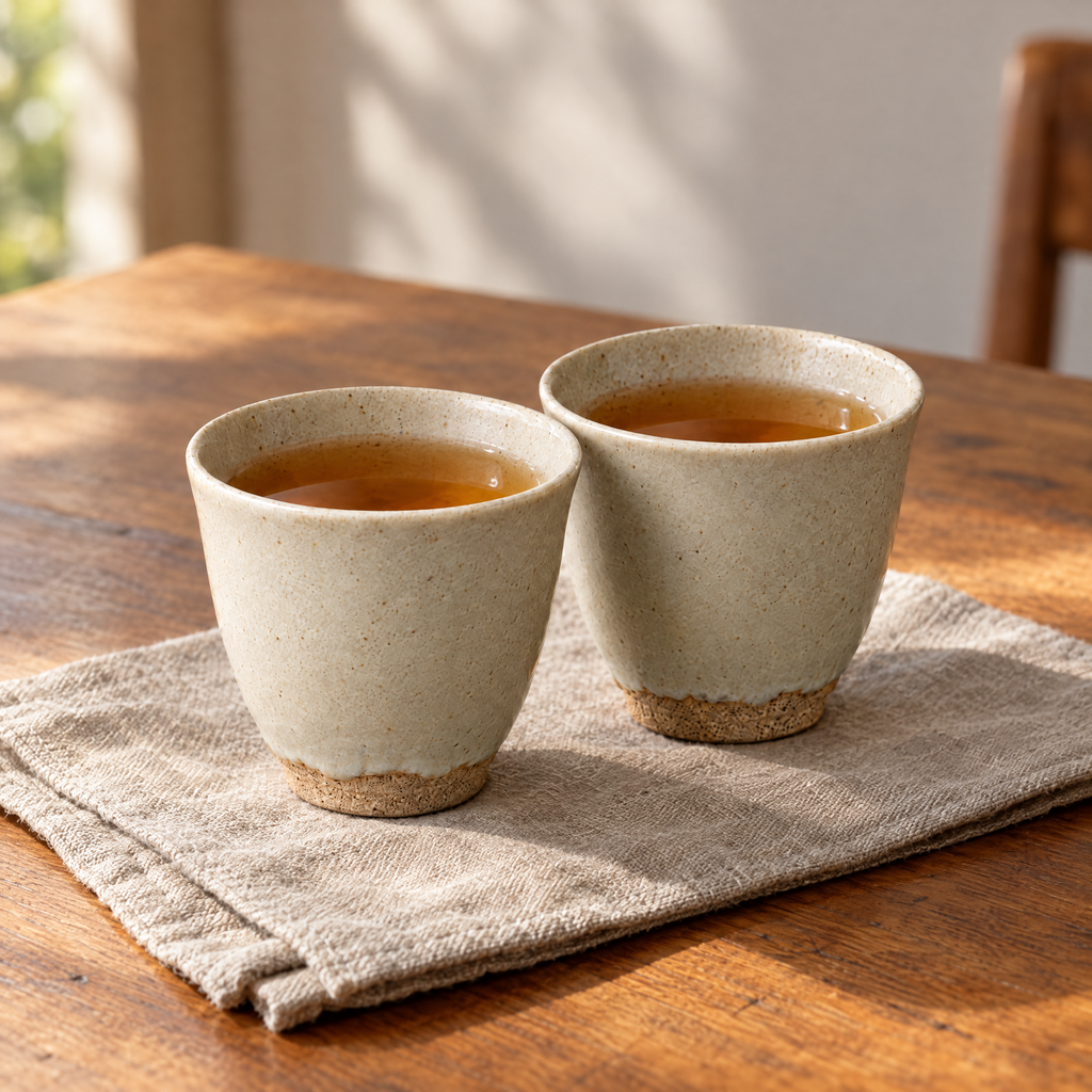 Two Tea Cups in Ash filled with tea on a linen napkin