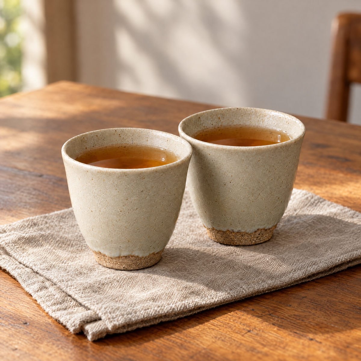 Two Tea Cups in Ash filled with tea on a linen napkin