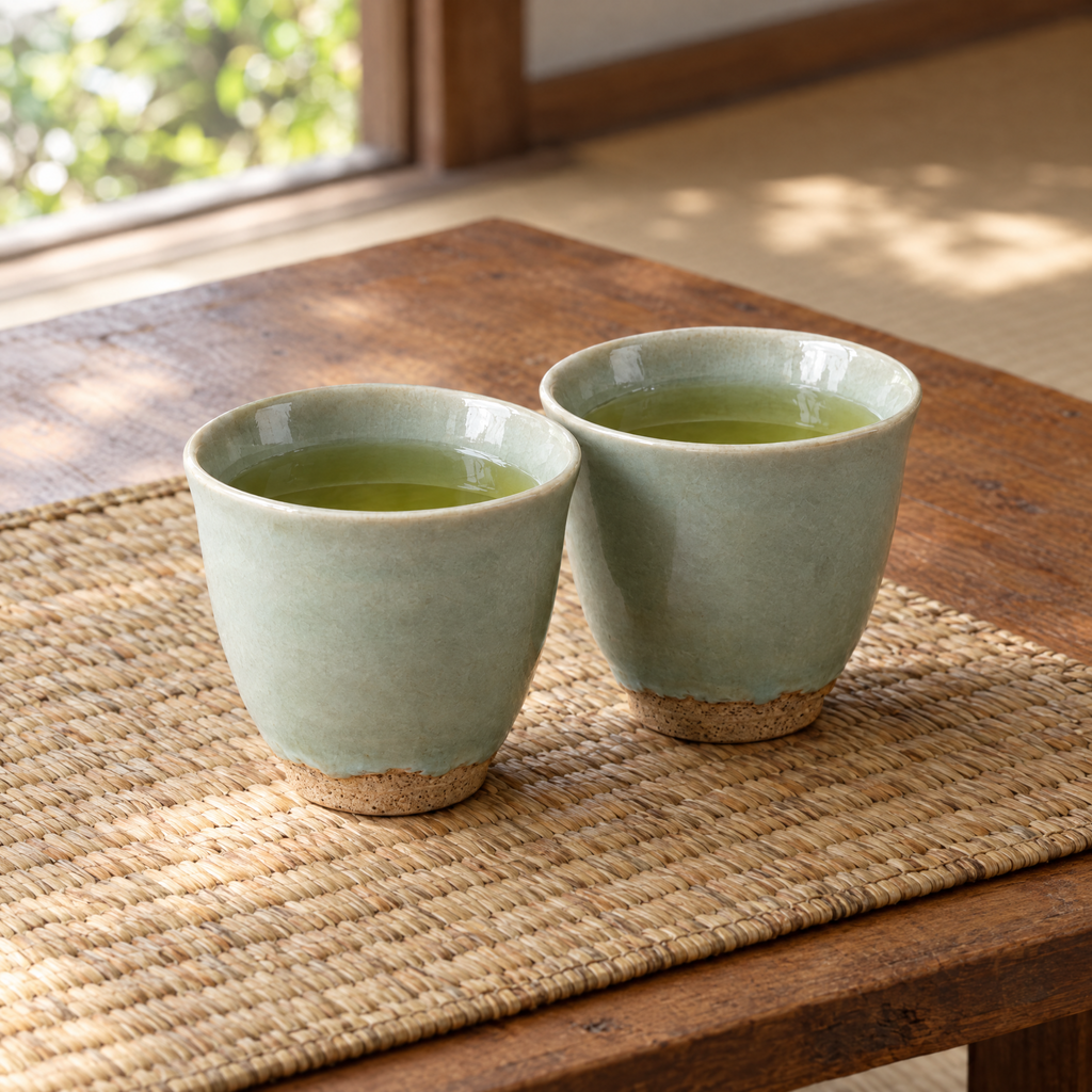 Two Tea Cups in Celadon filled with green tea on a straw mat