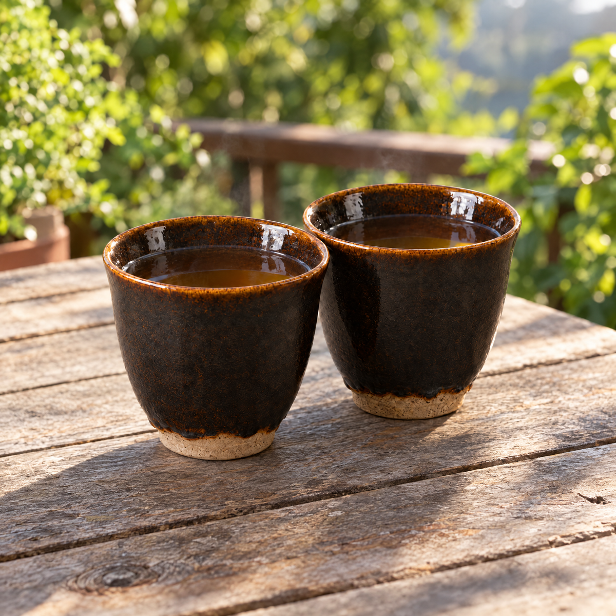 Two Tea Cups in Iron on a wooden balcony table