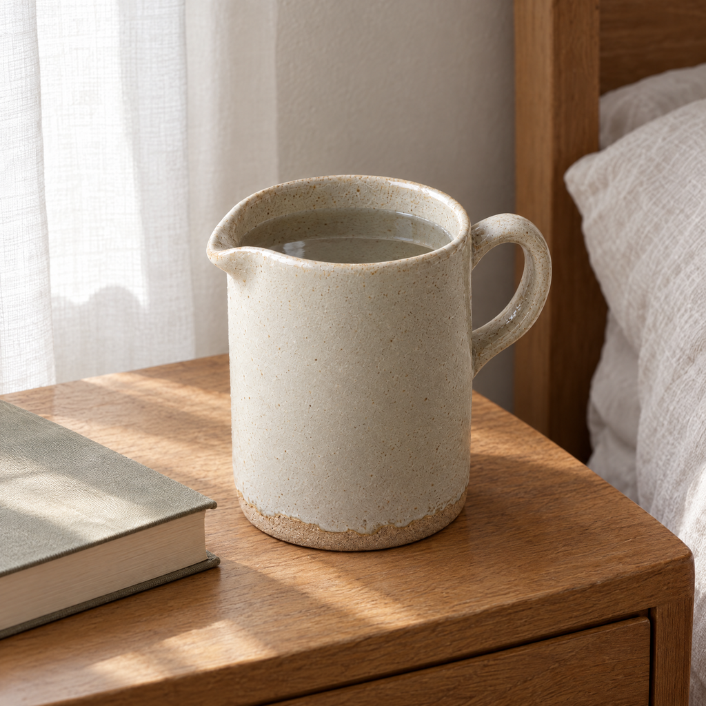 Pour Jug in Ash holding water on a bedside table