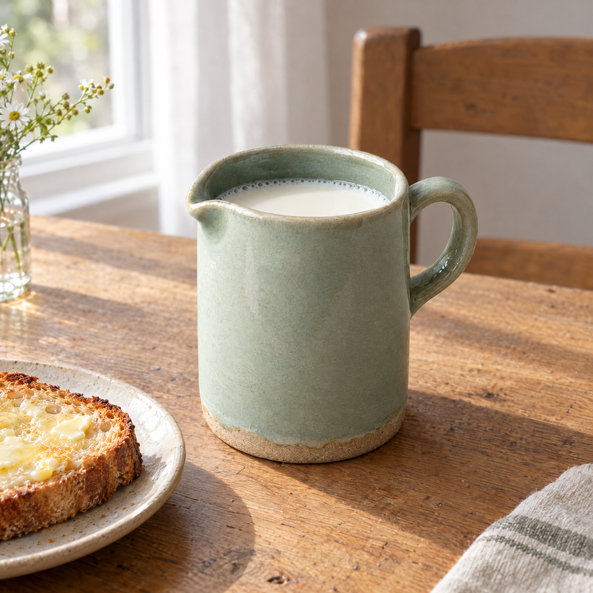 Pour Jug in Celadon holding milk on a breakfast table