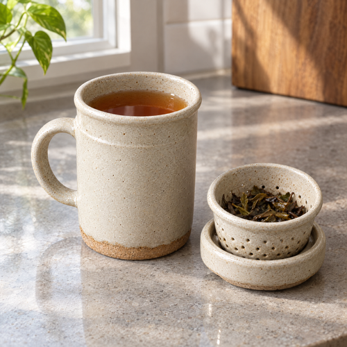 Brewing Mug in Ash with tea, its strainer resting in the upturned lid