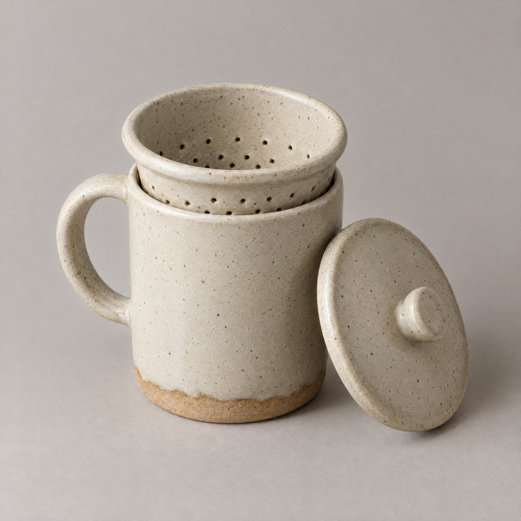 Brewing Mug in Ash glaze with its strainer basket and lid