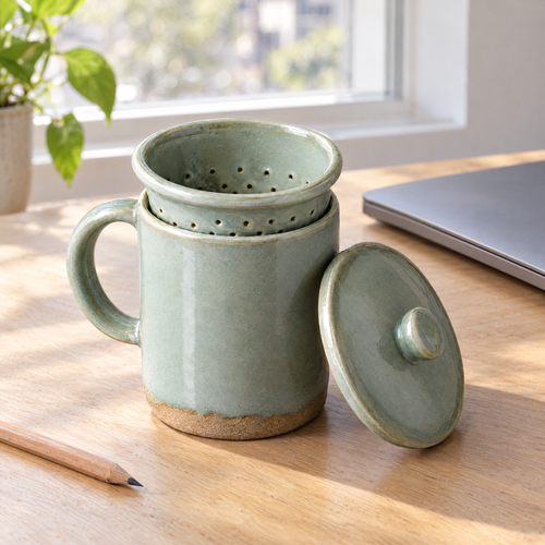 Brewing Mug in Celadon with its strainer in, lid resting beside it, on a wooden desk