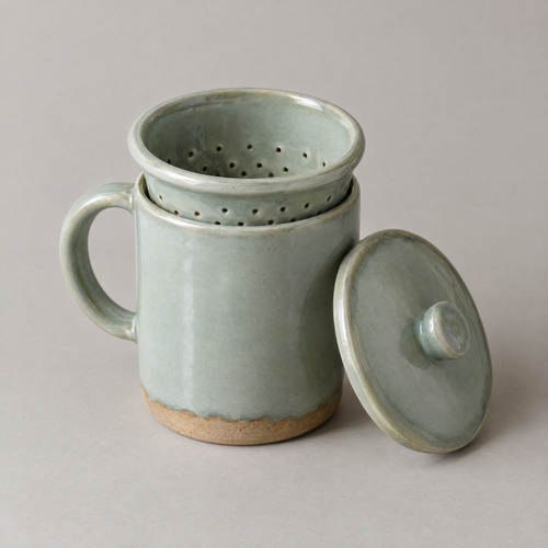 Brewing Mug in Celadon glaze with its strainer basket and lid