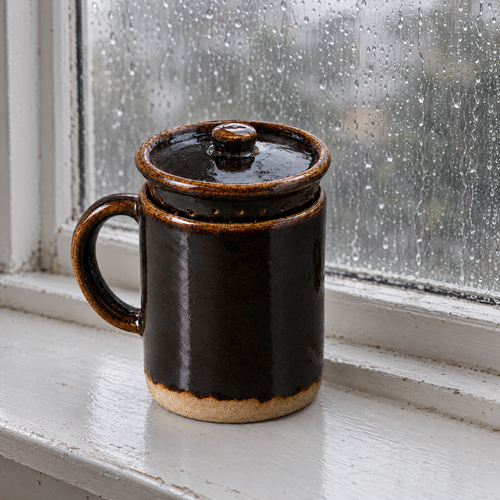 Brewing Mug in Iron with its lid on, on a rainy windowsill