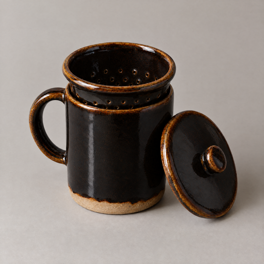 Brewing Mug in Iron glaze with its strainer basket and lid