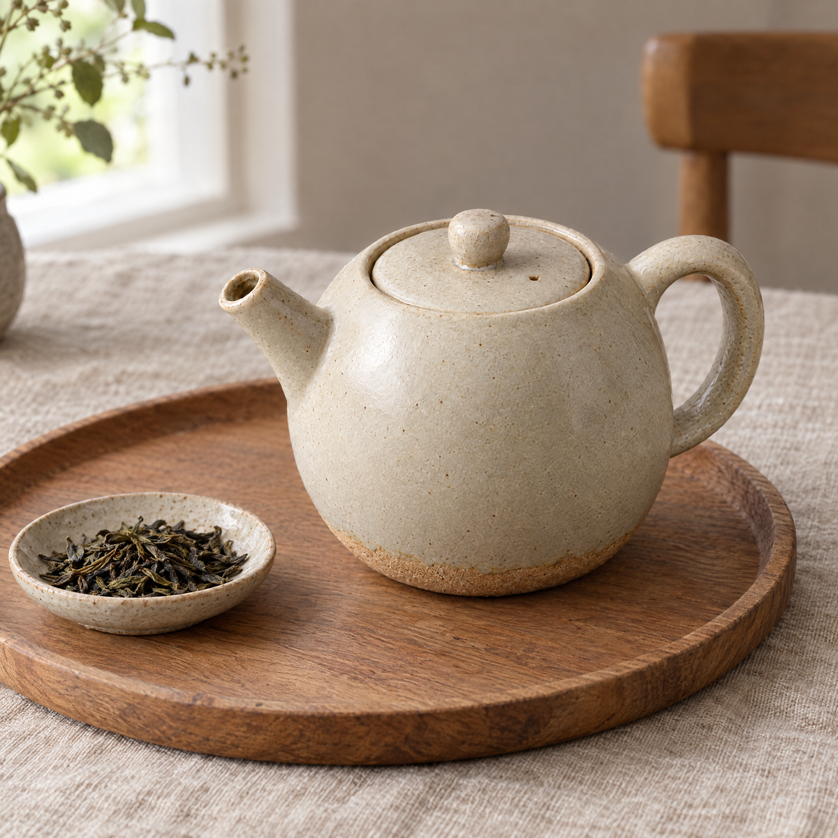 Round Teapot in Ash on a wooden tray beside a dish of loose tea