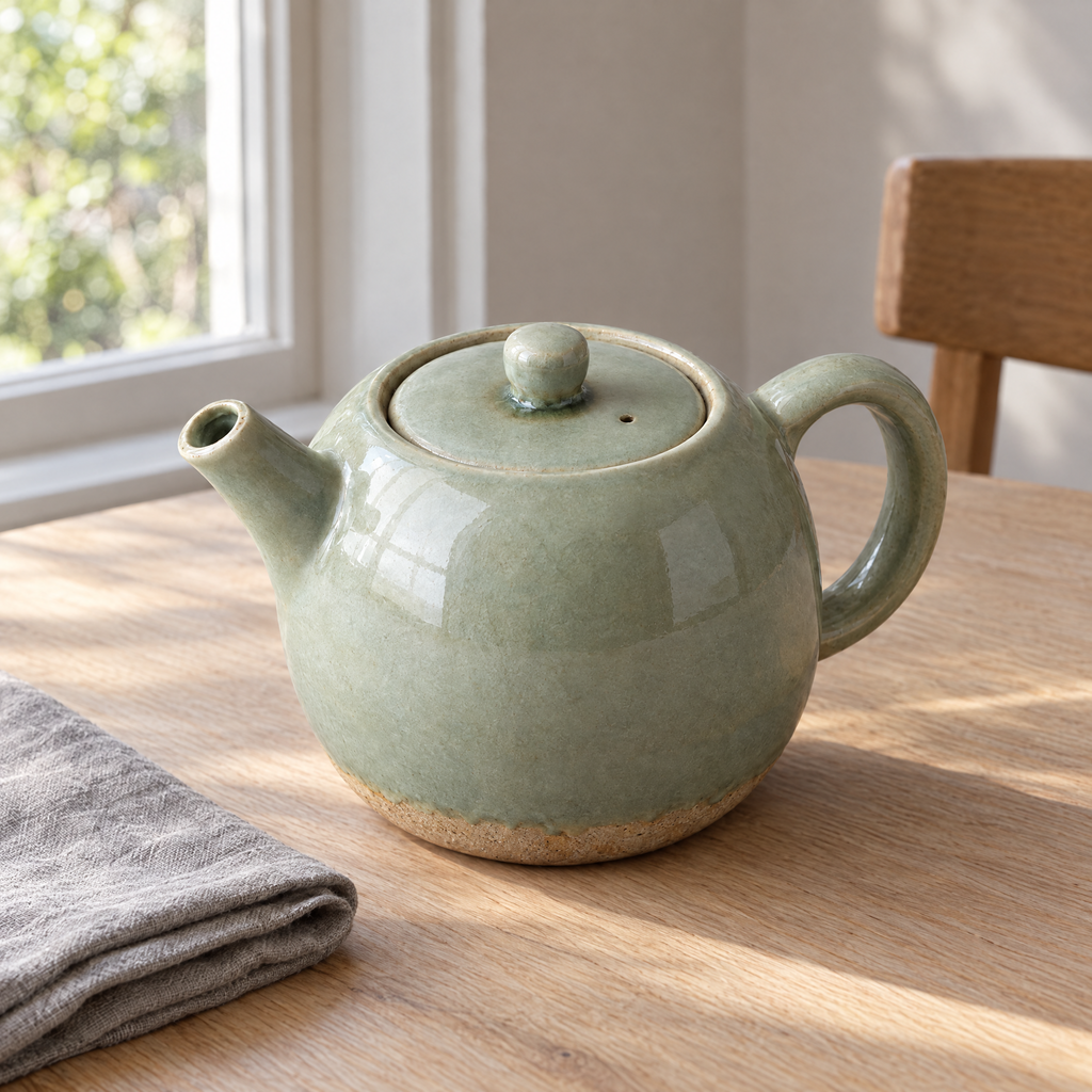 Round Teapot in Celadon on an oak table by a window