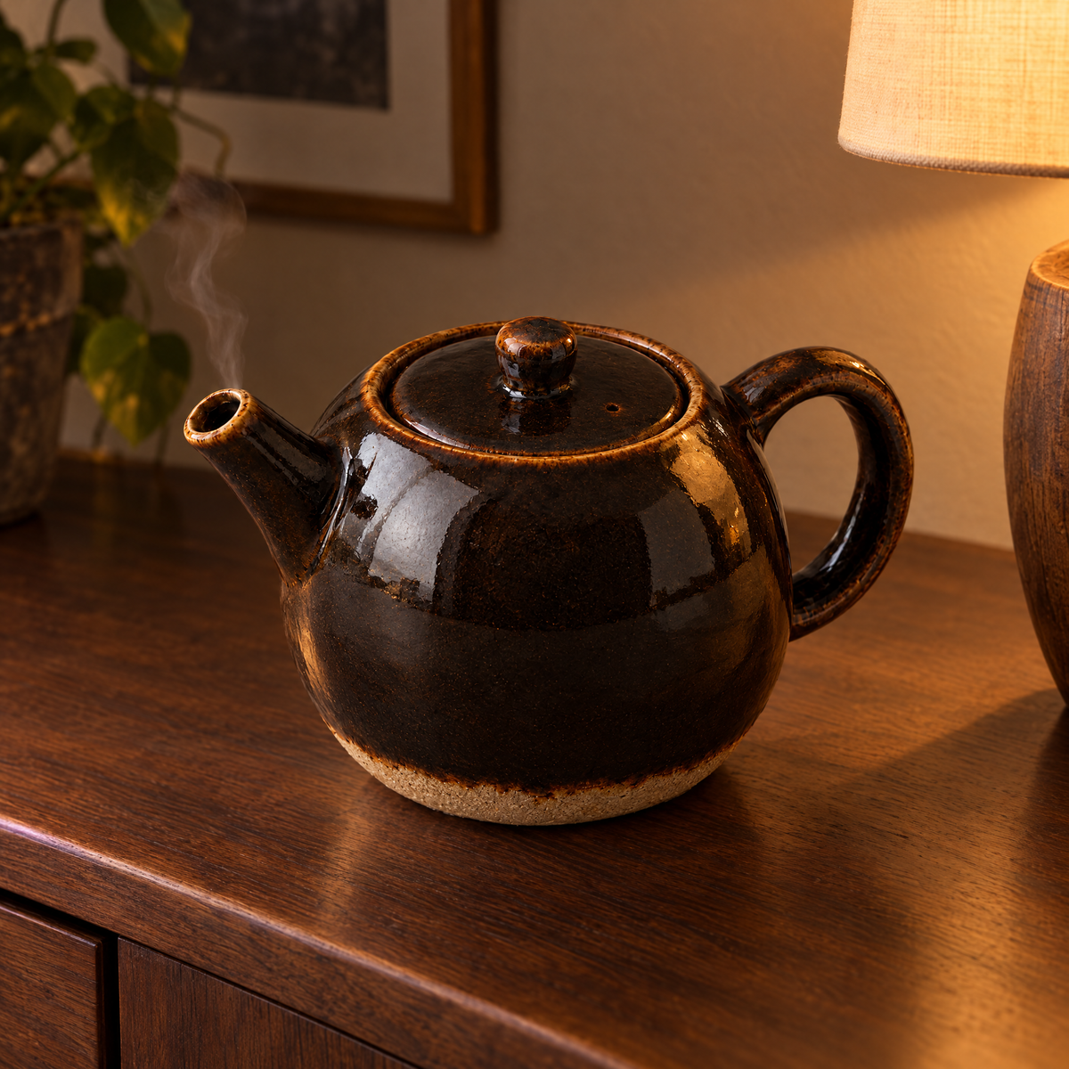 Round Teapot in Iron steaming on a walnut sideboard